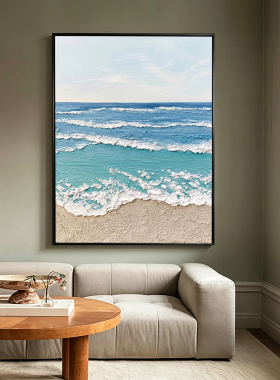 纯手绘厚肌理海浪沙滩海景壁画客厅沙发背景墙装饰画玄关竖版挂画
