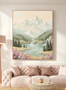 轻奢现代纯手绘金山油画挂画客厅装饰画高级感立体肌理风景画手工