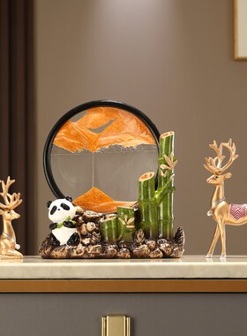 熊猫节节高升富贵竹子招财乔迁新家办公室客厅玄关酒柜流沙画摆件