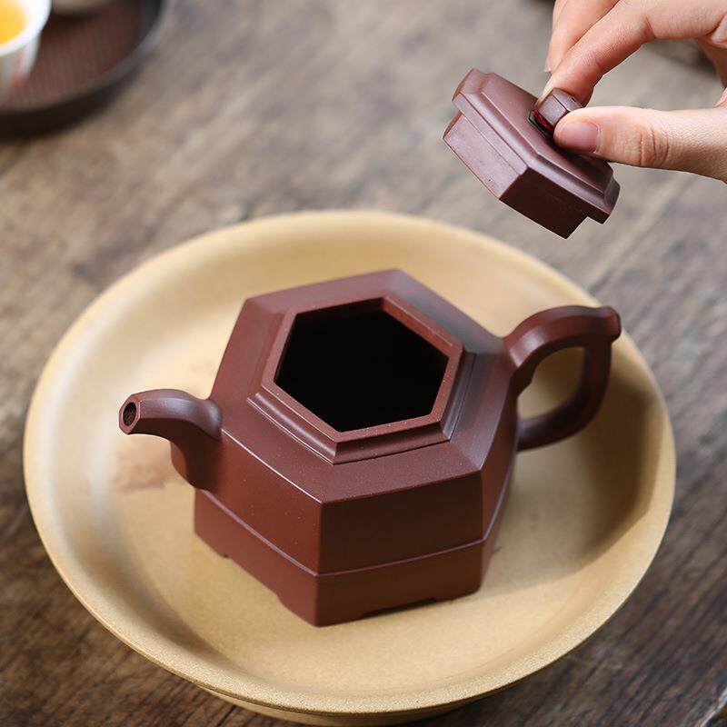 Yixing purple sand pot tea set original ore bottom trough green fully handmade six-square well rail teapot live square pot with head