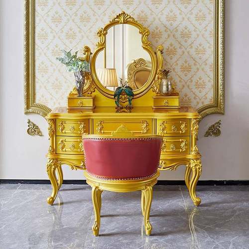 全实木欧式梳妆台主卧室化妆桌大户型别墅富贵金色收纳柜奢华公主 - 图1