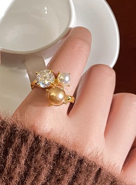 金色珍珠锆石开口食指戒女新款