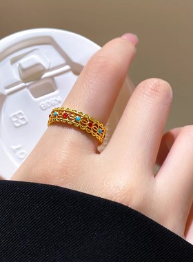 古法沙金珐琅彩花丝轻奢女戒