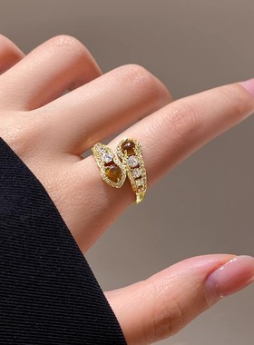 虎眼石蛇形开口戒指女轻奢高级感