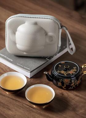 高档西湖蓝便携式旅行茶具套装家用户外简约泡茶壶陶瓷汝窑羊脂玉