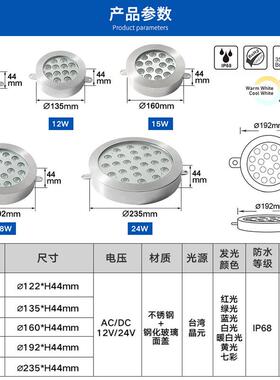 新款304不锈钢防水IP68水下水底灯七彩水下壁灯AC12v大功率泳池灯