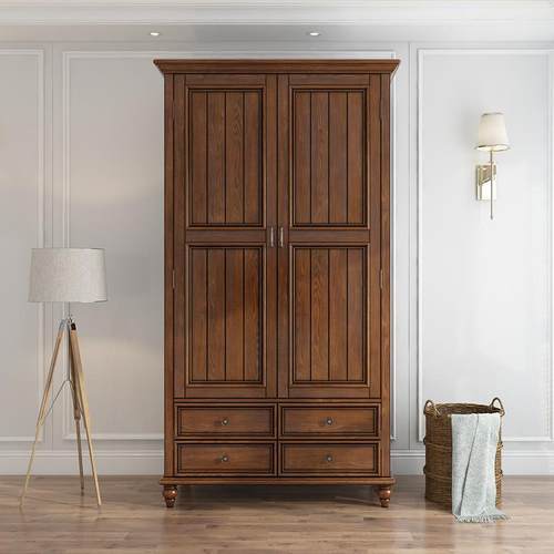 9W实木美式衣柜3门4门欧式大柜复古卧室家用定制顶柜对开门收纳 - 图0