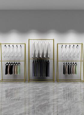 服装店展示架双层挂衣架女装童装店陈列架落地衣架展厅金色货架子