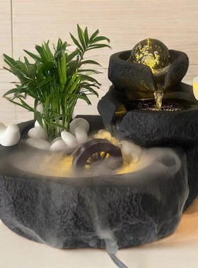 假山流水加湿净化盆景桌面喷泉店铺居家办公桌转运V球流金聚宝简