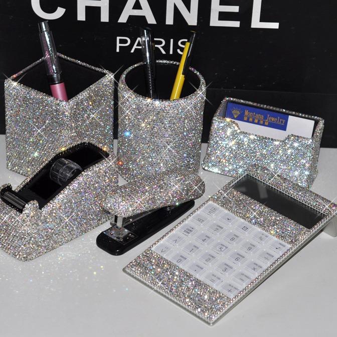 Creative diamond crystal desktop office stationery set with diamond calculator pen holder business card box stapler