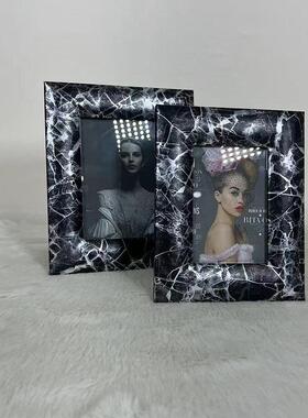 创意现代简约玻璃质感石金纹相框时尚卧室样板房家居软装饰品摆件