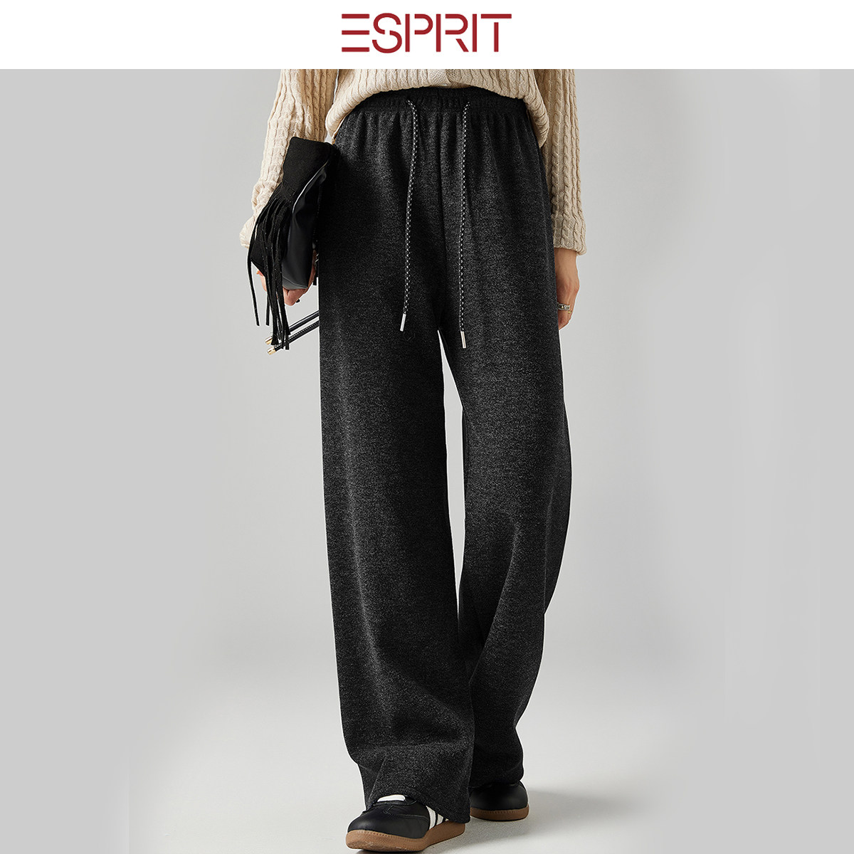 ESPRIT/埃斯普利特深灰色阔腿裤女宽松抽绳休闲裤慵懒极简风长裤 - 图3
