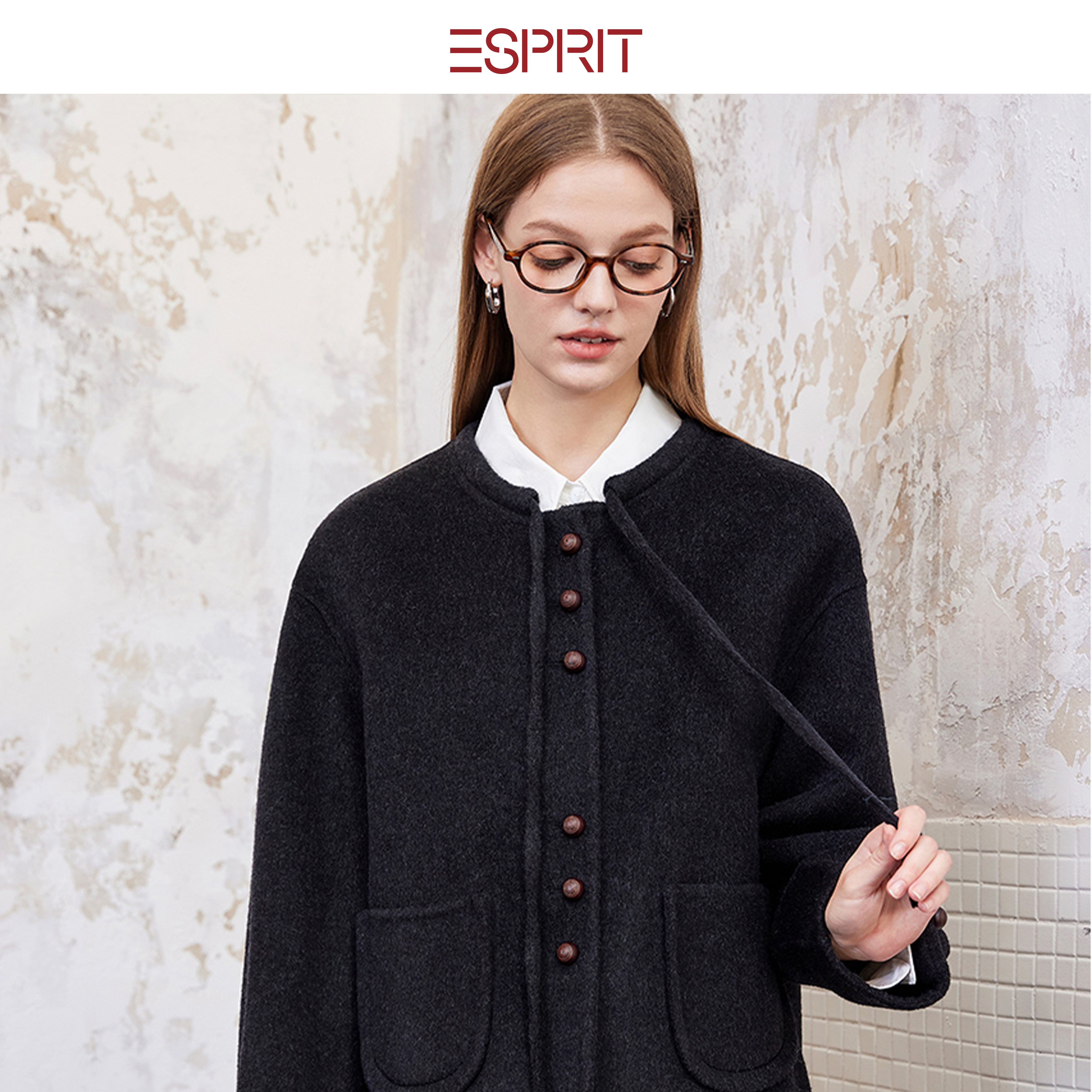 ESPRIT/埃斯普利特老钱风黑色羊绒开衫女圆领纽扣外套秋冬针织衫,淘宝优惠券,粉丝福利购,淘宝优惠卷