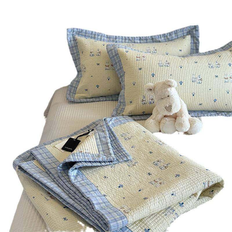 韩风格子撞色包边双面全棉夹棉绗缝高温砂洗床盖三件套防滑床单++,淘宝优惠券,粉丝福利购,淘宝优惠卷