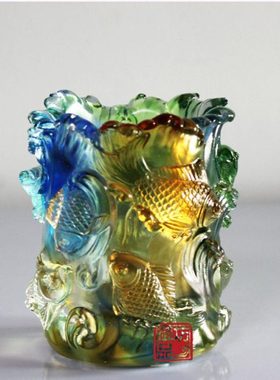 御品坊 琉璃摆件欢喜有余笔筒鱼工艺品创意摆件生日礼物实用礼品