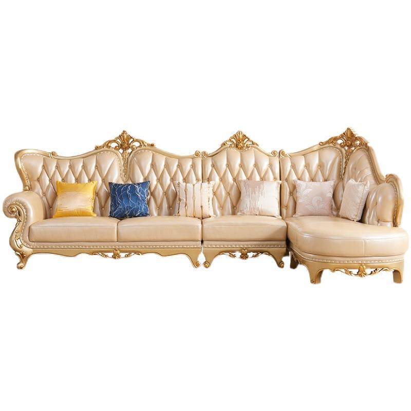 欧式真皮转角组合沙发实木雕花奢华小户型贵妃位全屋套装家具金色,淘宝优惠券,粉丝福利购,淘宝优惠卷