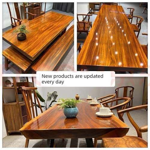 奥坎整板实木大板茶桌茶台书桌餐桌中式办公老板桌桌椅原木组合 - 图0