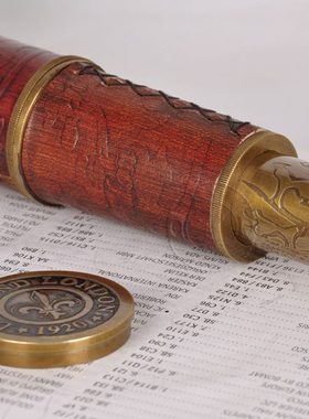 印度进口纯铜真皮礼盒望远镜单筒伸缩复古航海望远镜书房摆件装饰