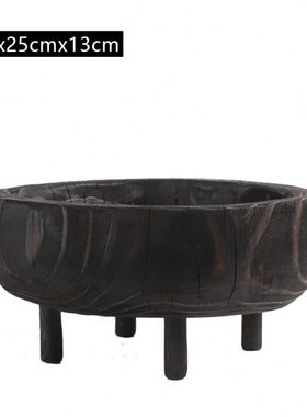 现代中式摆件客厅茶几碳化实木圆形拖盘摆场展厅家居软装饰品摆设