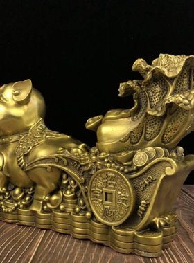 纯铜福猪拉车拉白财生肖猪招财进宝铜器家居店铺吧台装饰品摆件