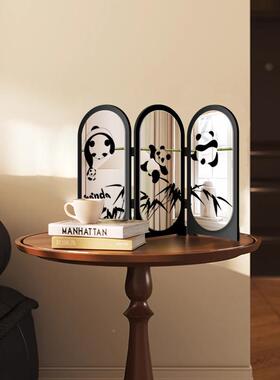 熊猫桌面小屏装风摆件玄关柜电视柜复古小饰摆画客厅高竹林三宝子