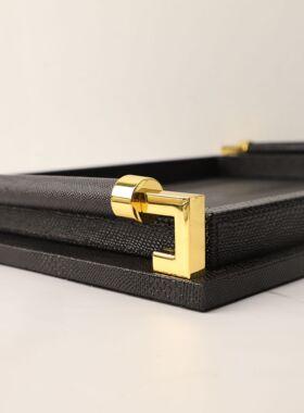 现代简约创意轻奢皮革木质拼接托盘客厅餐厅办公室玄关家居装饰品