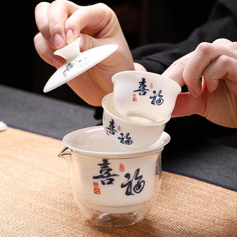 羊脂玉瓷快客杯旅行茶具随意悬停三才盖碗茶杯德化白瓷泡茶碗家用,淘宝优惠券,粉丝福利购,淘宝优惠卷