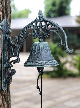 庭JLD北欧复古铜金属纹铸铁绿复古花风铃壁挂院手摇铃铛欧式门铃