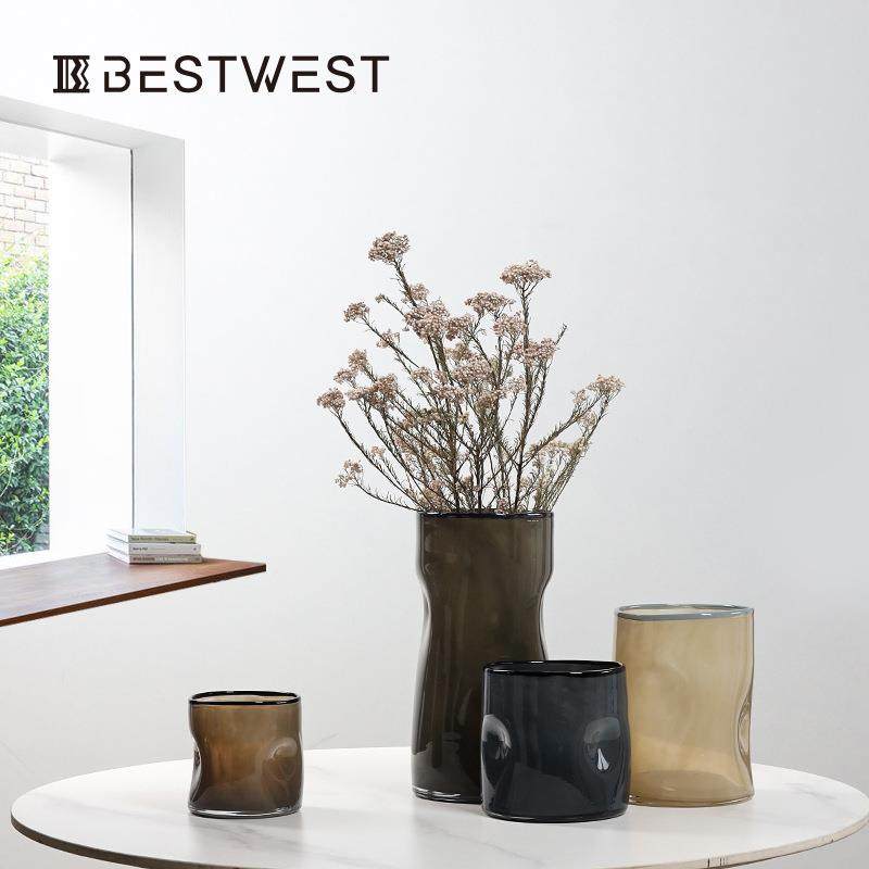 博西家居茶绿色直筒按坑玻璃花瓶现代简约轻奢高级感插干花摆件,淘宝优惠券,粉丝福利购,淘宝优惠卷