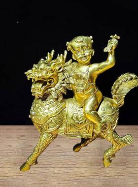 黄铜送子麒麟件金女童玉麒麟摆件铜家居办公黄室摆装送子麒麟饰品