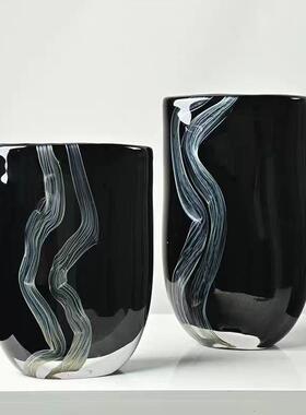 古黄色中镂琉璃花瓶样板间空售楼处客厅0241沙发边几玄关大口径风