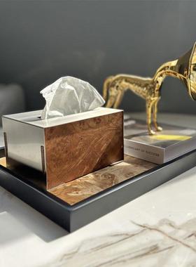 轻现代不锈钢木纹纸巾样板间盒TRR办公奢室客厅桌面装摆饰抽纸盒