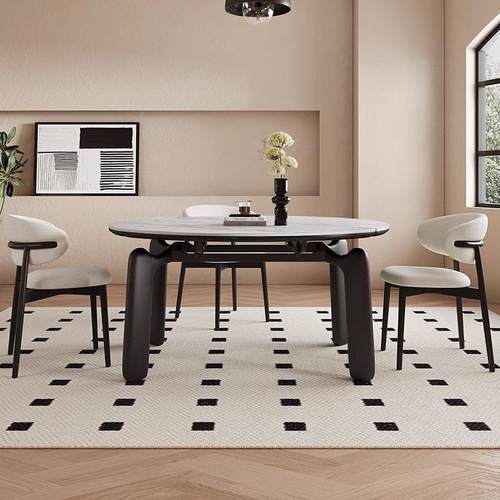 木舒中古折B1-001叠与实木岩风板餐桌奶油古黑色美式法式伸缩复可 - 图2