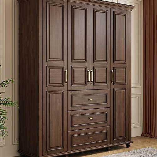 美式复古实木平开门衣柜家用卧室4门5门6门大衣橱成品柜子收纳柜 - 图0