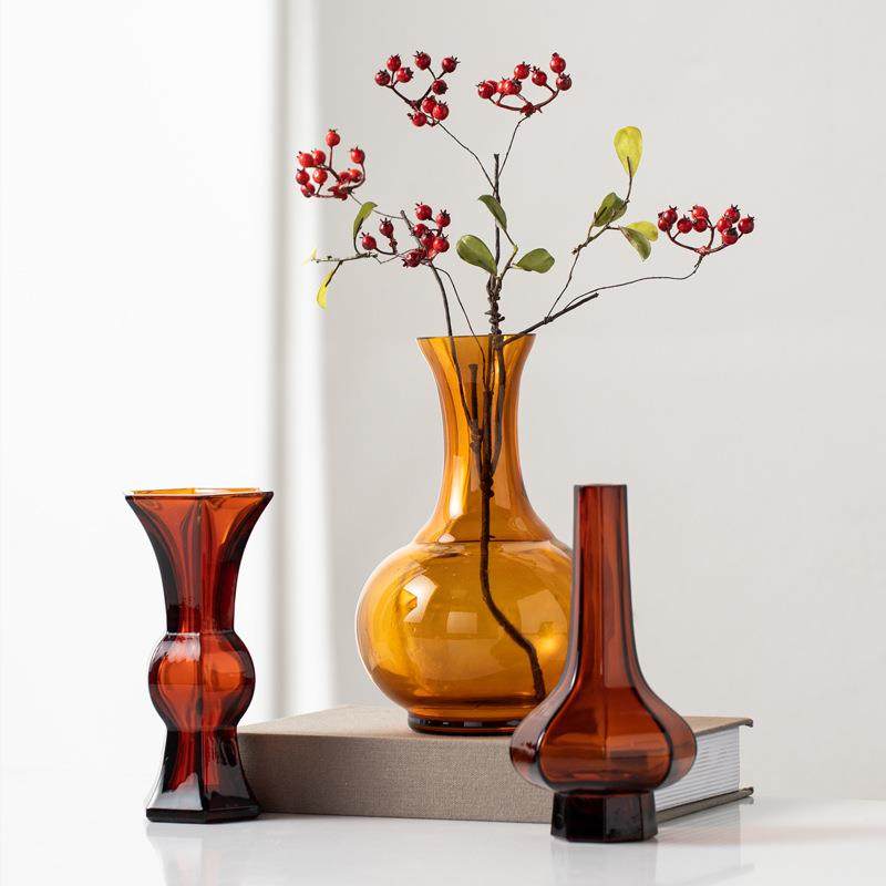新中式茶色琉璃玻璃花瓶样板间书房茶室花器高档家居软装饰品摆件,淘宝优惠券,粉丝福利购,淘宝优惠卷
