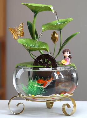 创玻意荷花流水摆件客厅喷办公桌面室小璃鱼缸泉景观轻奢装23059