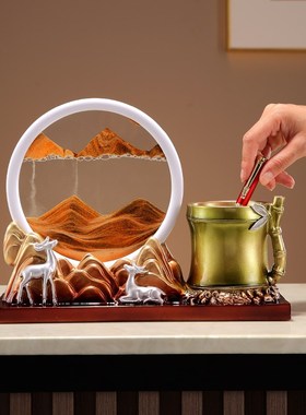 新中式创意高级感竹子流沙画笔筒桌面装饰摆件客厅玄关书桌收纳盒