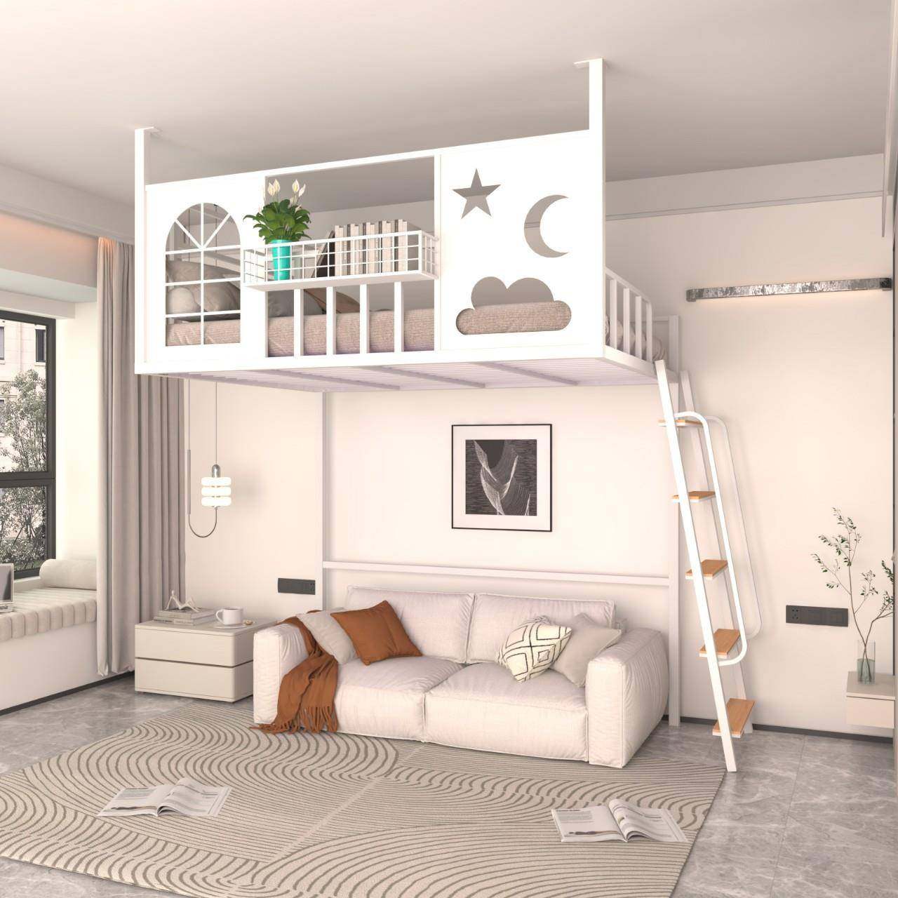 铁艺高架床简约现代阁楼床吊床省空间阁楼床小户型阁楼床上床下桌,淘宝优惠券,粉丝福利购,淘宝优惠卷