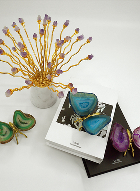 新中式彩色天然玛瑙蝴蝶黄铜水晶家居摆件饭桌墙面玄关轻奢软装饰