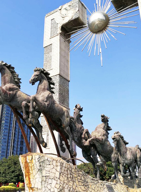 大型景观广场标志性建筑雕塑石拱门龙马精神群雕动物不锈钢摆件