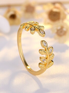 镀纯银小清新镶钻树叶树枝开口女戒时尚气质冷淡风简约可调节戒指