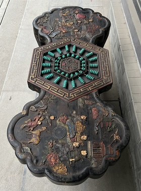 古玩旧藏木胎漆器旧藏木胎漆器童子图六角算盘桌案算盘老物件木质