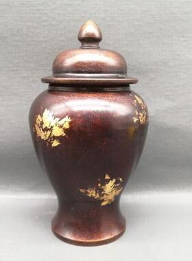 古玩收藏黄铜紫铜色子罐745075家居客厅摆叶件仿古做旧铜鎏茶金罐