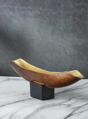 树脂长条船摆件样新中式诧寂形风无复古间做旧花盆花器家居板装饰