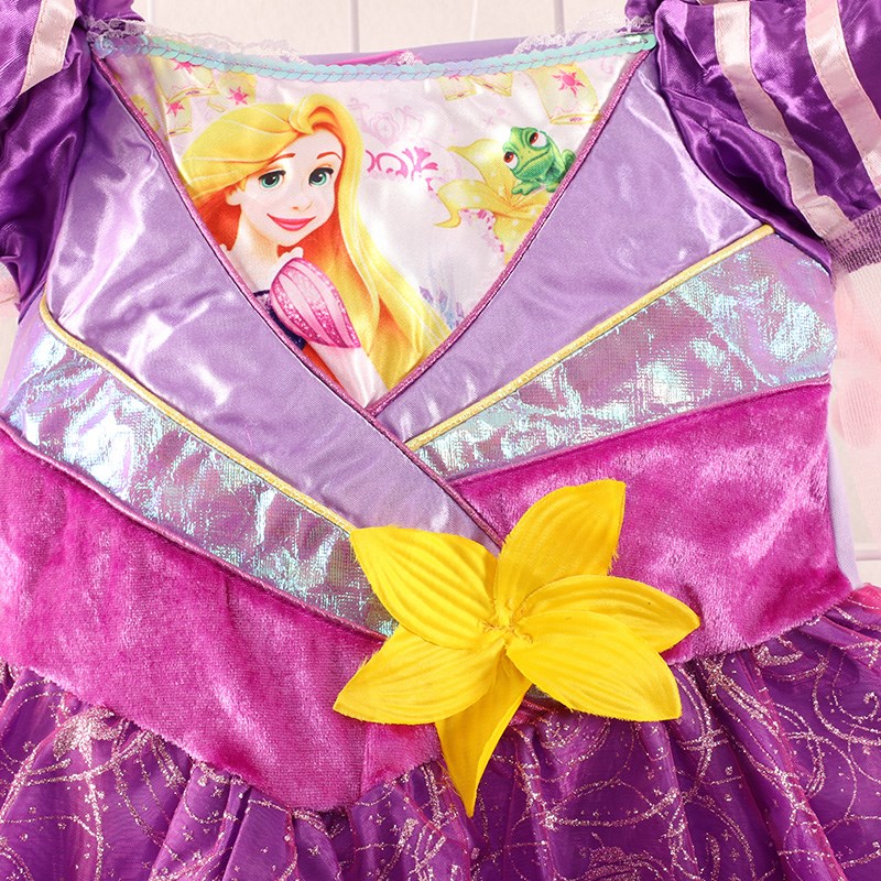 夏季童装 女童动漫紫色连衣裙蓬蓬袖黄色花朵公主裙欧美单 - 图1