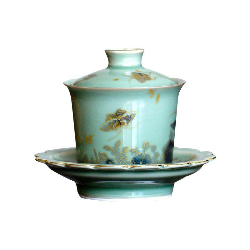 越窑青瓷金绘蝶恋花三才盖碗单个复古高档茶杯家用不烫手泡茶碗,淘宝优惠券,粉丝福利购,淘宝优惠卷