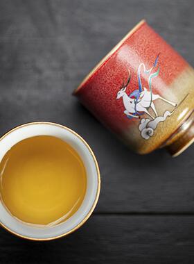 粗陶九色鹿窑变茶杯石红釉对杯陶瓷茶具文创主人个人杯品茗杯