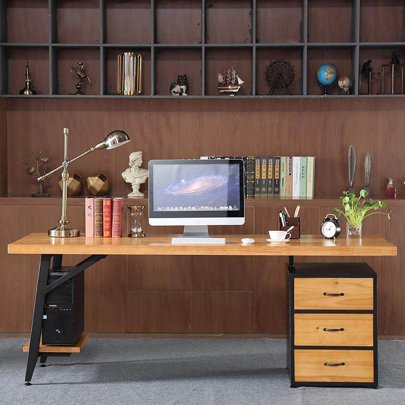 美式工业风复古实木电脑桌带抽屉长条老板桌家用简易书桌椅组合,淘宝优惠券,粉丝福利购,淘宝优惠卷