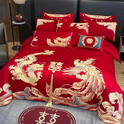 婚庆棉四件套大红龙凤刺绣新婚结婚喜庆套件婚嫁床上用品龙凤呈祥 - 图2