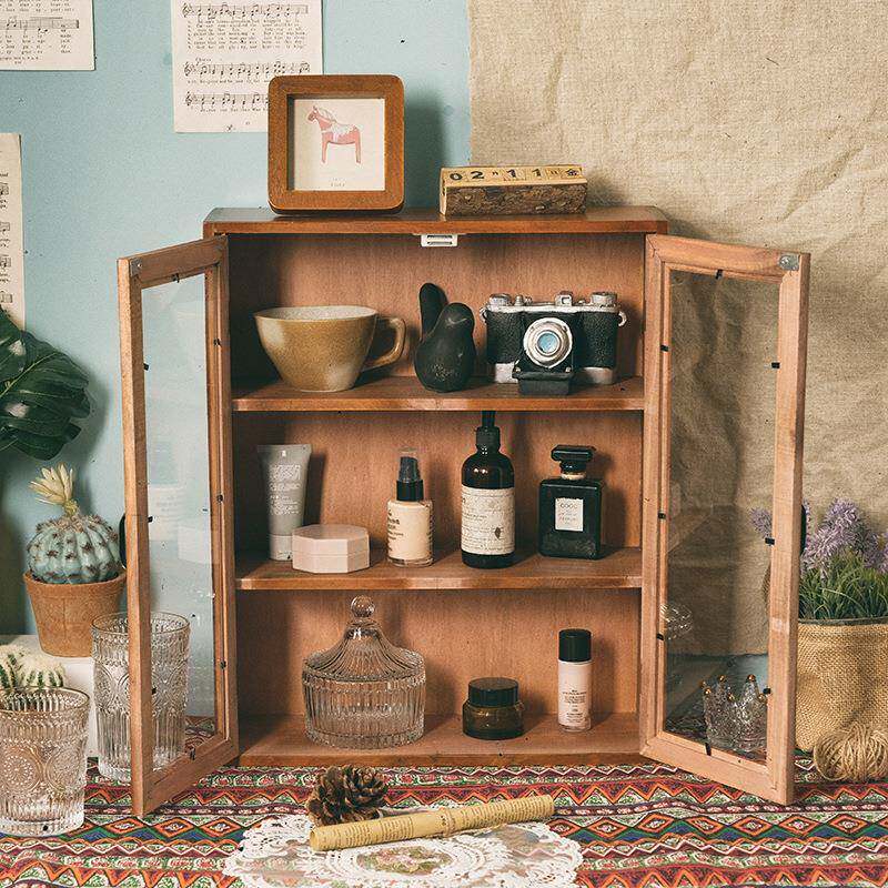 Household retro handmade dustproof storage cabinet multi-layer finishing hotel decoration wooden tea set double door storage cabinet